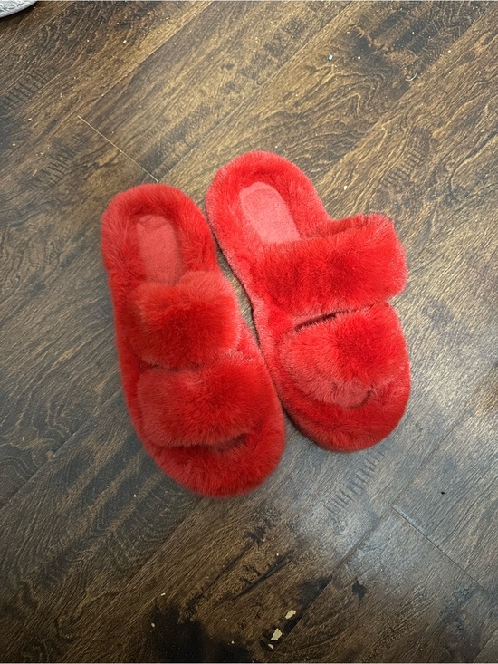Shoes - Red Furry Slide Slippers